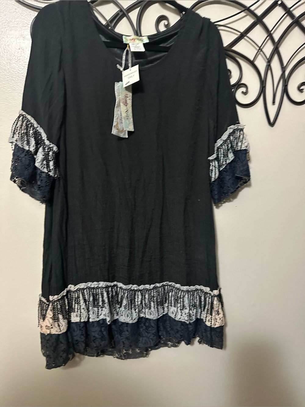 Boho Lace-Trim Black Womens Tunic Top